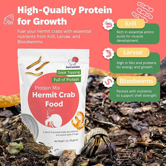 Snout and Shell - Protein Mix Hermit Crab Food - 1 oz - 30 Grams - Whole Food Diet for Hermit Crabs - Seeds, Sea Creatures, Bugs and More SNOUTANDSHELL