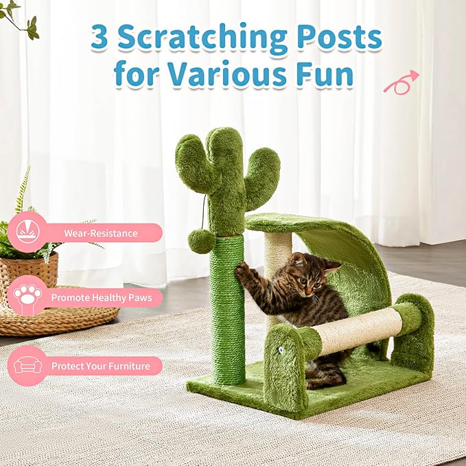 Made4Pets Cat Scratching Post, Cactus Scratcher Tree for Indoor Small Cats, Adult Kitten Scratch Pad with Natural Sisal Ropes, Cute Kitty Nail File Vertical Scratcher with Green Carpet Cover - PAWPICO