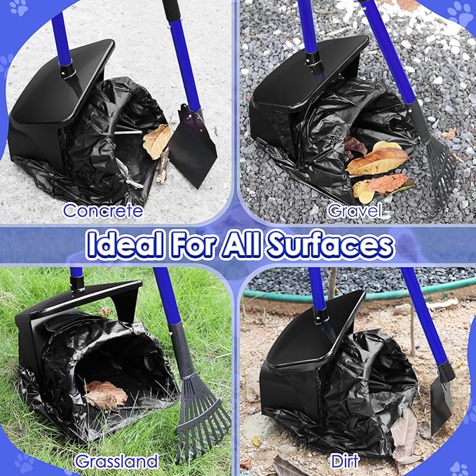 SlowTon Dog Pooper Scooper - 37.4" Long Handle Adjustable Metal Swivel Bin & Rake & Spade Kit with 20 Waste Bags, Portable Pooper Scooper for Gravel Lawn Grass, Suit for Small Medium Large Dog - PAWPICO
