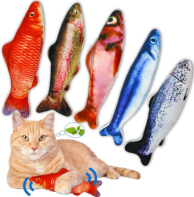 5Pcs Catnip Toy, Plush Fish Cat Toy, Cat Chew Toy, Catnip Filled Cartoon Fish with Bell Inside for Interactive Kitty Chew Toys Cat Teething Cat Exercise - PAWPICO