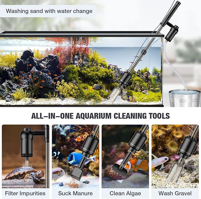 AKKEE Aquarium Vacuum Gravel Cleaner, 6 in 1 Multifunctional 18W Fish Tank Gravel Cleaner Vacuum for Water Changer Wash Sand Water Filter Circulation Aquarium Vacuum Cleaner Waterproof IP68(Black) AKKEE