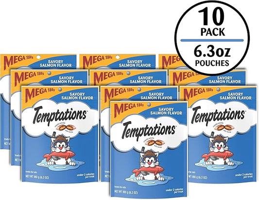 TEMPTATIONS Classic Crunchy and Soft Cat Treats Savory Salmon Flavor, 6.3 oz. Pouch (Pack of 10) Temptations