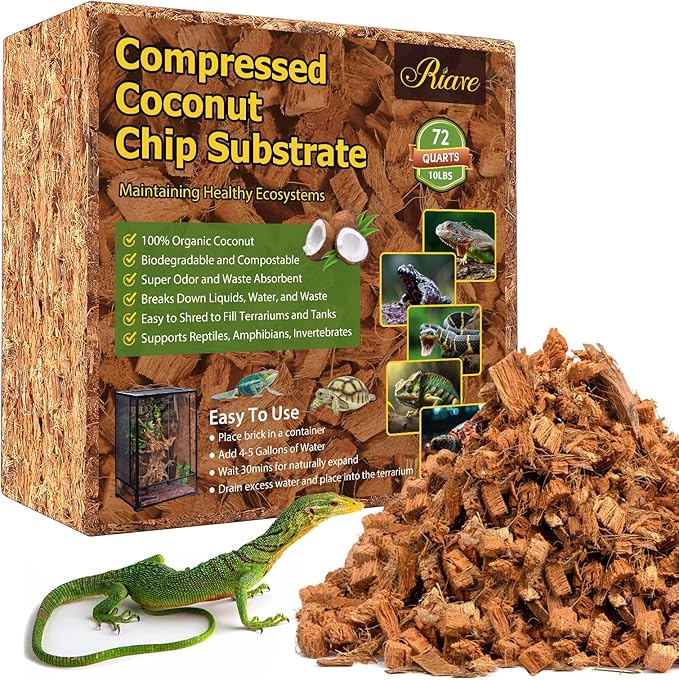 Riare 10LB Coconut Chip Substrate for Reptiles, 72 Quart Coconut Fiber Substrate Coco Chips Substrate Coconut Husk Bedding for Snakes, Tortoises, Ball Python, Bearded Dragon, Geckos, Lizards, Frogs Riare