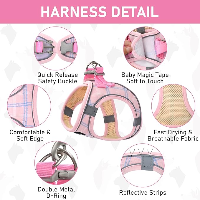 GAMUDA Small Dog Harness Collar and Leash Set, Step in No Chock No Pull Soft Mesh Adjustable Dog Vest Harnesses Plaid Reflective for Dogs Puppy Cats Kitten Rabbit (Pink, XS) GAMUDACollarsCollection