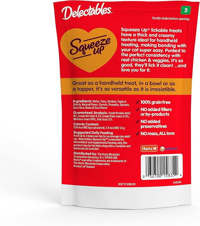 Hartz Delectables Squeeze Up Interactive Lickable Wet Cat Treats for Adult & Senior Cats, Chicken & Veggies, 4 Count (Pack of 8) Hartz