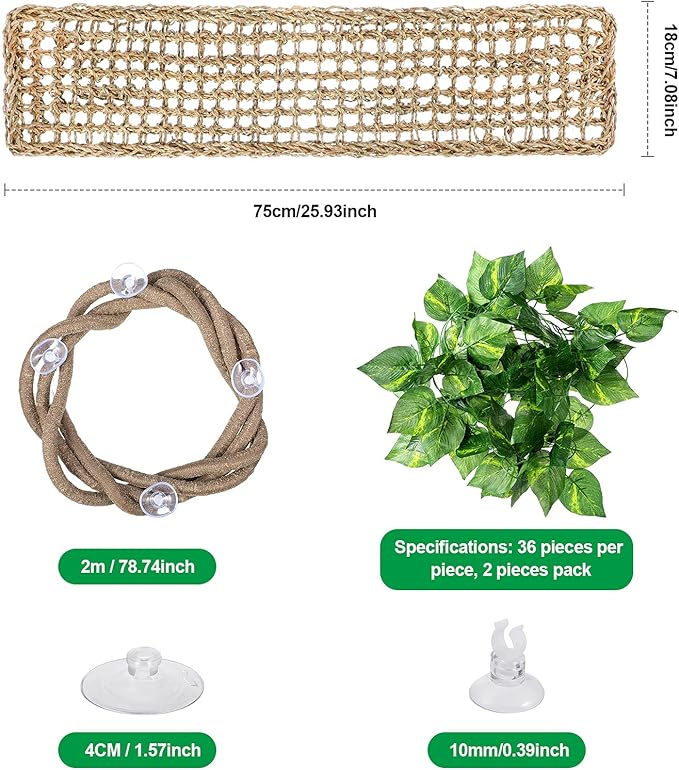Reptile Lizard Habitat Accessories Include 29.52 x 7.08 Inch Lizard Hammock, Jungle Climber Vines Flexible Leaves Habitat Reptile Decor with Suction Cups for Bearded Dragons Iguanas and Other Reptiles Jetec