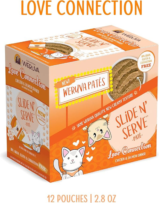 Weruva Wet Cat Food, Love Connection with Chicken and Salmon Pate, 2.8oz Slide N Serve Pouch, Pack of 12 - PAWPICO
