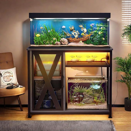 YITAHOME Fish Tank Stand with Power Outlets & LED Light, 40-50 Gallon Metal Aquarium Stand with Cabinet for Fish Tank Accessories Storage for Turtle Tank, Reptile Terrarium, 660LBS Capacity, Grey YITAHOME