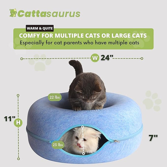 CATTASAURUS Peekaboo Cat Cave for Multiple & Large Cats Up to 30-45 Lbs, Scratch Detachable & Washable Tunnel Bed, Comfy Donut Cat Cave (Blue, Large) - PAWPICO