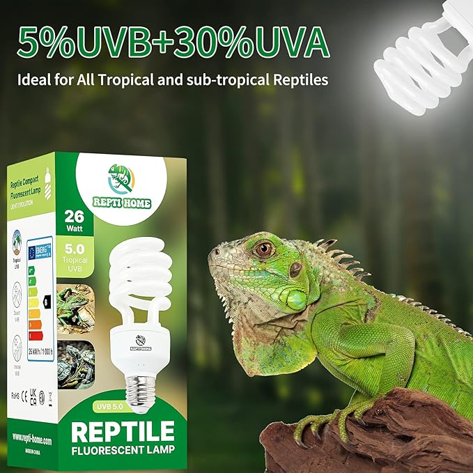 UVB Reptile Light 5.0, 26W Tropical and Sub-Tropical UVA UVB Bulb for Reptiles, Tropical Terrarium Compact Fluorescent Lamp, Reptile UVB Light Bulb for Chameleons, Iguanas, and Turtles REPTIHOME