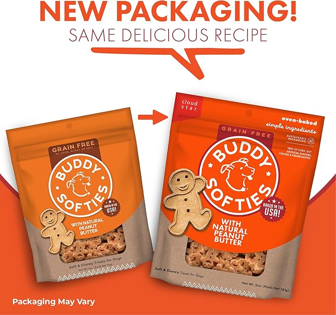 Buddy Biscuit Softies 5 oz Pouch, Grain-Free Soft & Chewy, Natural Peanut Butter Flavor Dog Treats, Oven Baked in the USA - PAWPICO