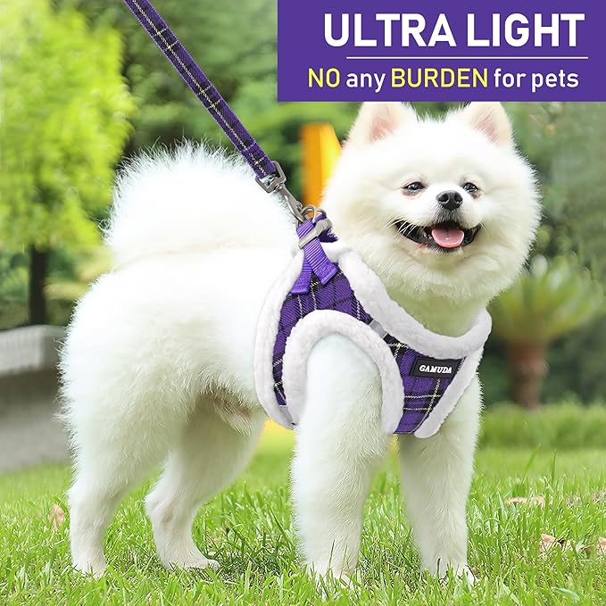 GAMUDA Small Dog Harness Collar and Leash Set, Step in No Chock No Pull Soft Mesh Adjustable Dog Vest Harnesses Plaid Reflective for Dogs Puppy Cats Kitten Rabbit (Warm Purple, XL) GAMUDACollarsCollection
