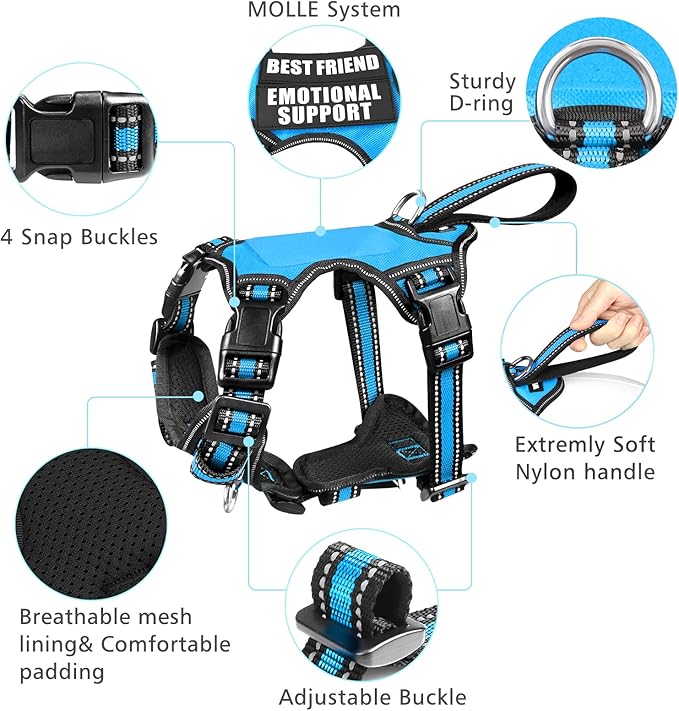 WINSEE Pet Harness Collar and Leash Set, All-in-one Reflective Dog Harness No Pull with Adjustable Buckles for Puppies, Small, Medium, Large, and Extra-Large Dogs (Large, Blue) - PAWPICO