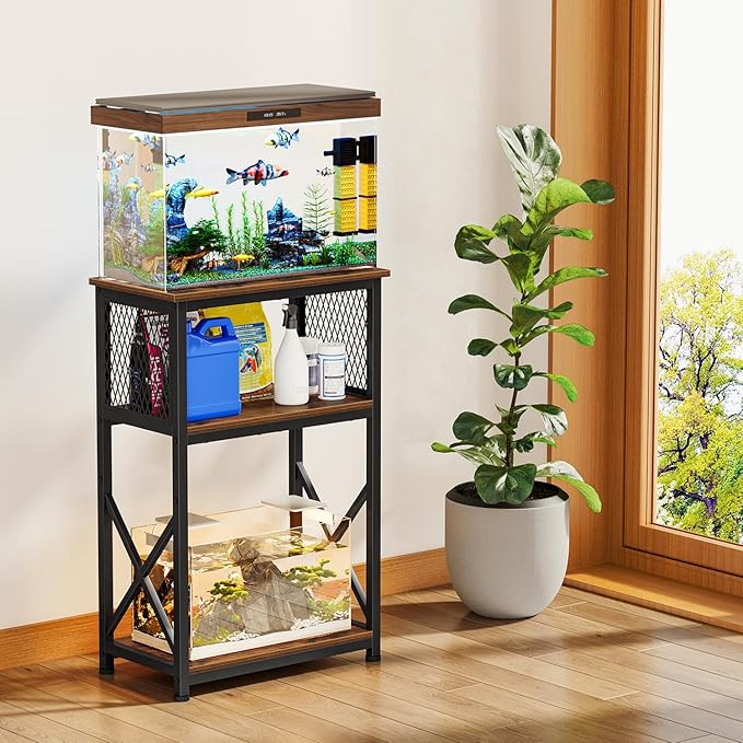 Snughome Fish Tank Stand, 10 Gallon Aquarium Stand with Storage, 3 Tier Heavy Metal Fish Tank Stand Fish Tank Shelf 20.47" x 11.42" x 30.91", Rustic Brown Snughome