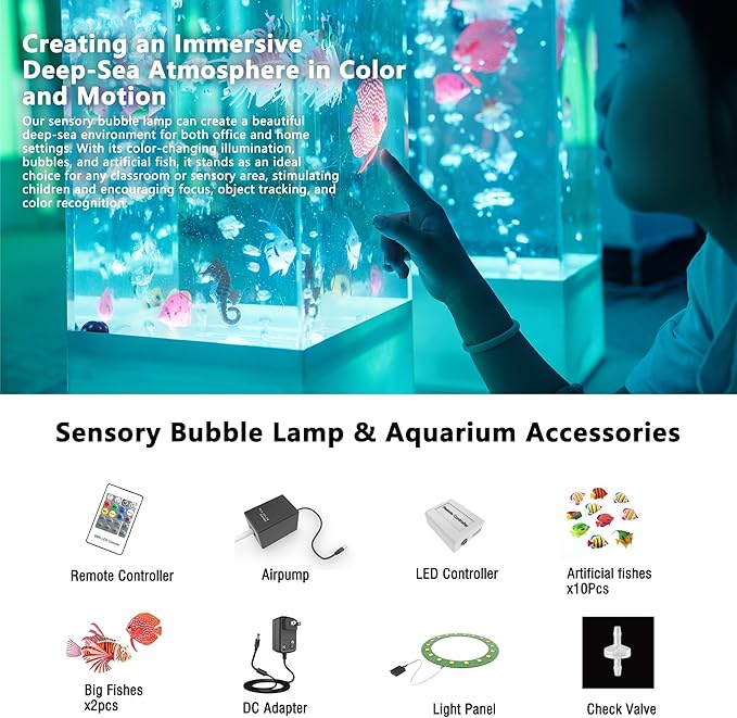 20 Inch 8-Color Changing Sensory Bubble Fish Lamp, Aquarium with 12 Artificial Fish for Home Decor, Mood Lighting - Ideal for Kids, Adults, ADHD & Autism Tenmind