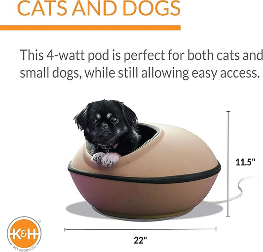 K&H Pet Products Thermo-Kitty Mod Dream Pod Heated Cat Bed for Large Cats, Indoor Heated Cat Cave, Thermal Cat Mat Hideaway for Small or Large Cats and Kittens 22 Inches Tan/Black - PAWPICO