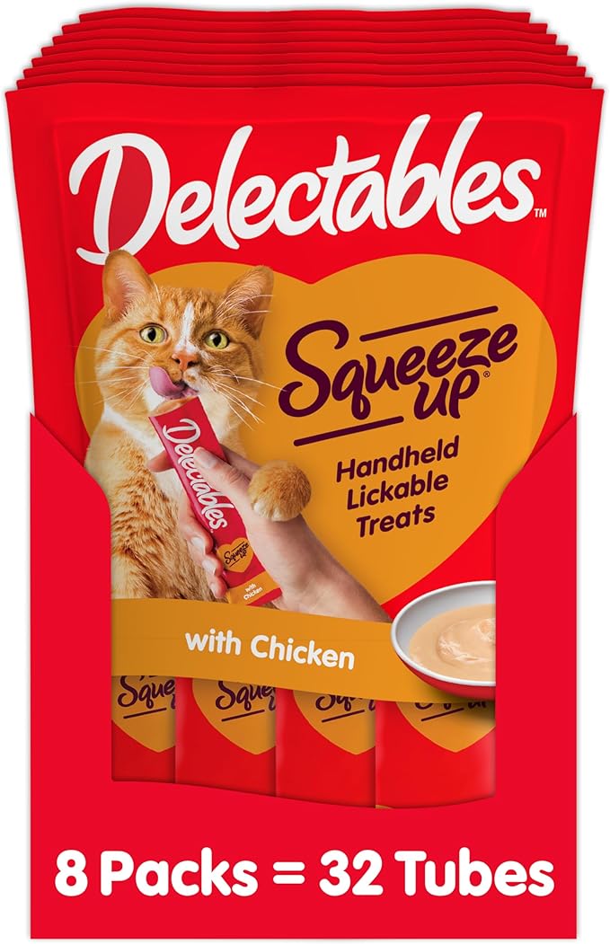 Delectables Squeeze Up Creamy Squeezable Puree, Lickable Wet Cat Treats, Grain Free, No Added Fillers, No By-Products, No Added Preservatives, 0.5 Ounces Tube Chicken Flavor, 32 Tubes Total Hartz