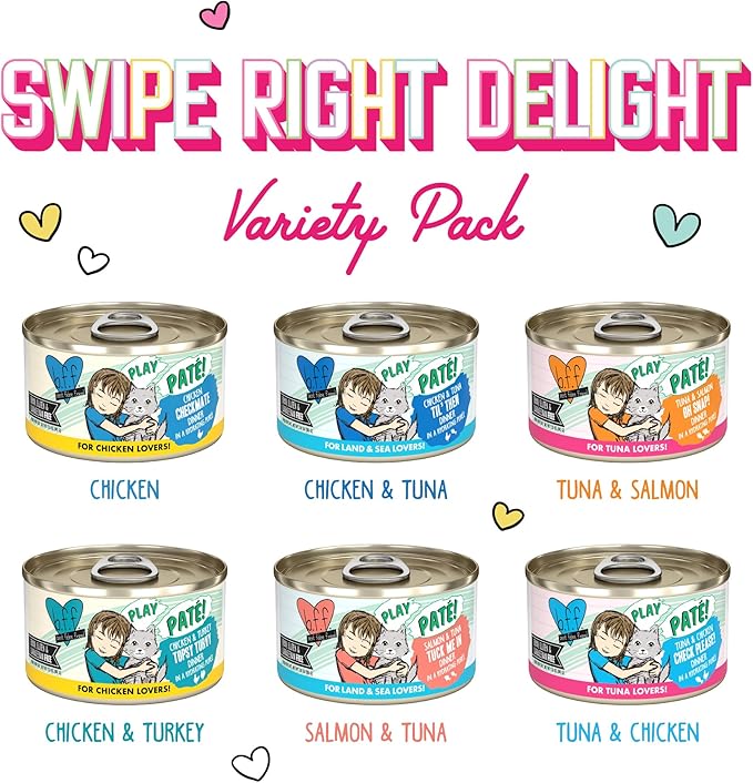 B.F.F. Play - Best Feline Friend Paté Lovers, Aw Yeah!, Swipe Right Delight Grain-Free Natural Wet Cat Food Variety Pack, 2.8oz Can (Pack of 18) - PAWPICO