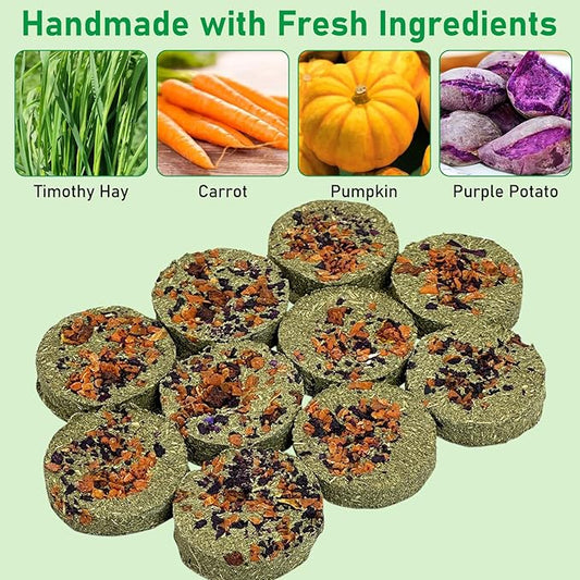 Fhiny 24 PCS Rabbit Chew Toys, Natural Timothy Hay Carrot Pumpkin Purple Potato Biscuit Cubes Bunny Chew Treats for Teeth Care Small Animals Molar Snacks for Hamster Guinea Pig Chinchilla Rat Fhiny