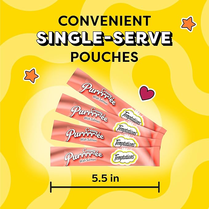 Temptations Creamy Puree with Salmon Lickable, Squeezable Cat Treats, 0.42 oz Pouches, 24 Count Temptations