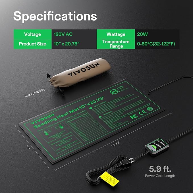 VIVOSUN 10"x20.75" Seedling Heat Mat with Built-in Temperature Controller, UL & MET-Certified Waterproof Plant Heating Pad for Germination, Hydroponics, Brewing, Breeding, and Greenhouses VIVOSUN