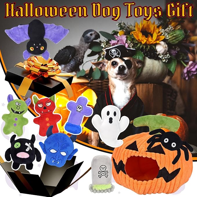 Halloween Dog Toys Set, 11 Pack Squeaky Dog Toys for Aggressive Chewers, Pumpkin Dog Toy Bundle, Assorted Dog Toys to Keep Them Busy, Dog Toys Gift for Large Medium Small Dogs - PAWPICO