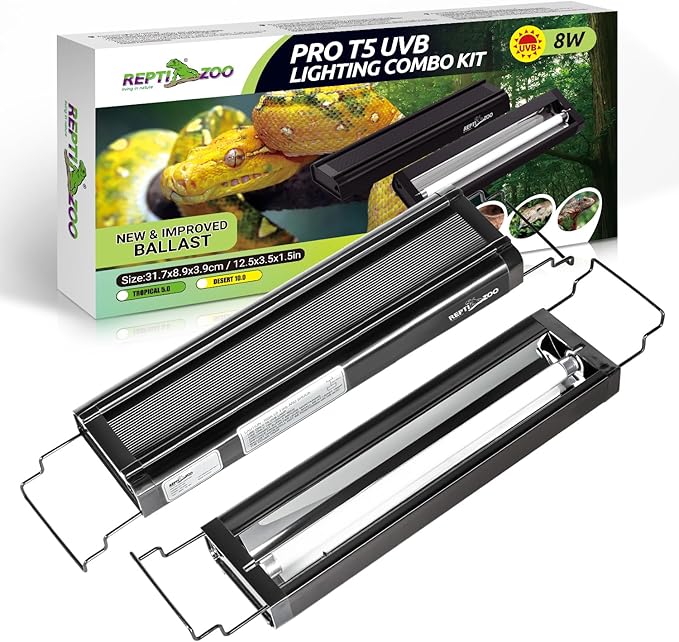 REPTI ZOO UVB Reptile Light, New Version T5 HO UVB Lighting Combo Kit, Reptile Terrarium Hood with 5.0 UVB Tube Bulb, Reptile Light Fixture 8W-12Inch REPTIZOO