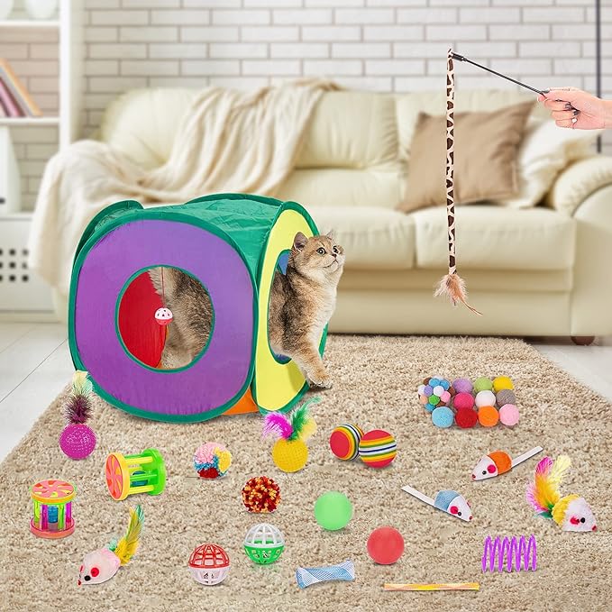 Retro Shaw Cat Toys Set 33 PCS, Interactive Cat Kitten Toys for Indoor Cats Kitty with Collapsible Cat Play Tunnel Tube Tent Cat Feather Wand Teaser Cat Bell Fuzzy Ball Springs Mouse Toys - PAWPICO