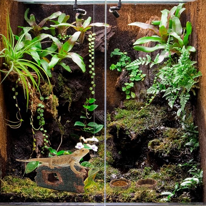 3Pcs Reptile Hide Cave Small Lizard Reptile Food&Water Bearded Dragon Bowls Accessories,Natural Resin Hollow Tree Trunk Hideout,Hermit Crab Supplies Trunk Snake Gecko Frogs Fish Tanks Decor Dexspoeny