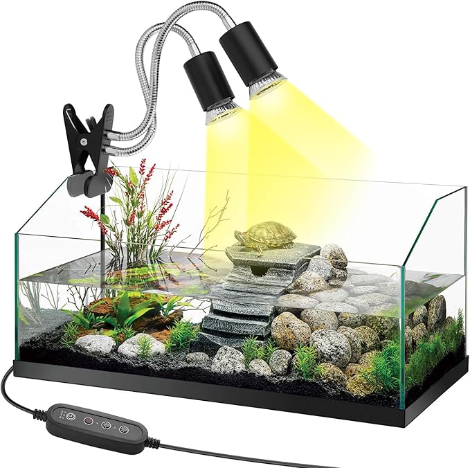 Reptile Heat Lamp,Double-Head Heating Lamp for Reptiles, UVA/B Turtle Lamp with Clamp, Separate Control, Turtle Light,Basking Light for Reptiles Bearded Dragon Turtle Snake, 3 Basking Bulbs. ZJNBMTFY