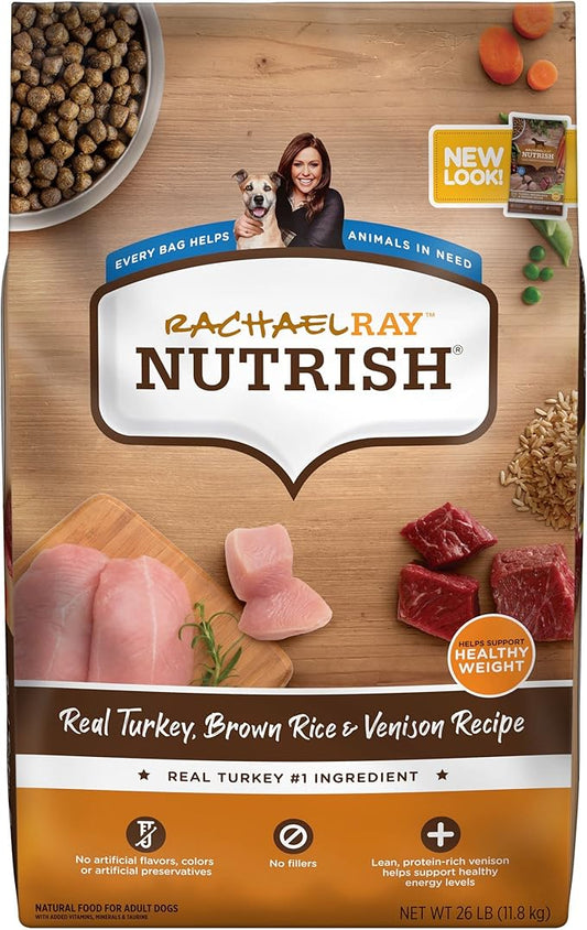 Nutrish Rachael Ray Turkey, Brown Rice & Venison 26 Pounds Dry Dog Food + Weight Management Turkey & Pumpkin 13 Ounce (Pack of 12) Wet Dog Food Bundle - PAWPICO