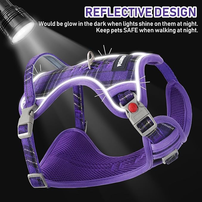 GAMUDA Dog Harness Collar and Leash Set, Dog Harness, No Chock No Pull Adjustable Vest Harnesses Plaid Reflective for Medium Dog, Cat, Small Horse, Small Bull and Pig (Purple, M) GAMUDACollarsCollection