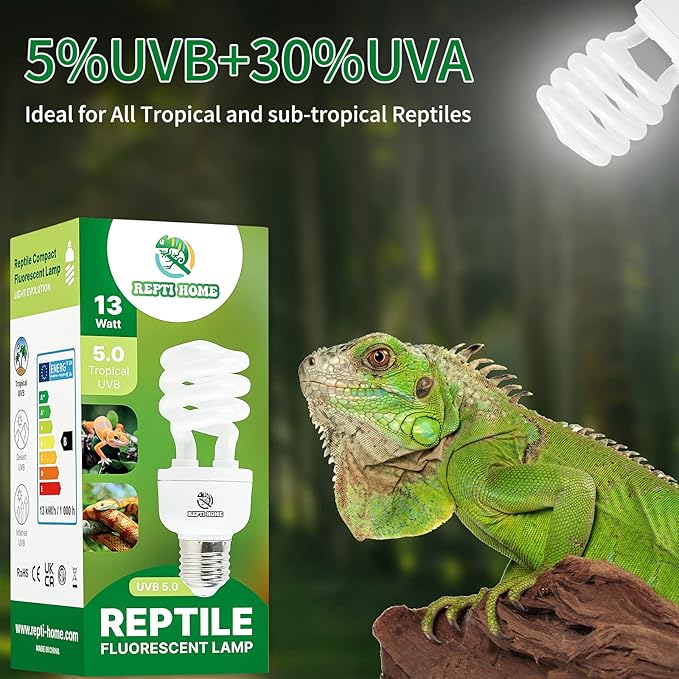 UVB Reptile Light 5.0, 13W Tropical and Sub-Tropical UVA UVB Bulb for Reptiles, Tropical Terrarium Compact Fluorescent Lamp, Reptile UVB Light Bulb for Chameleons, Iguanas and Turtles REPTIHOME