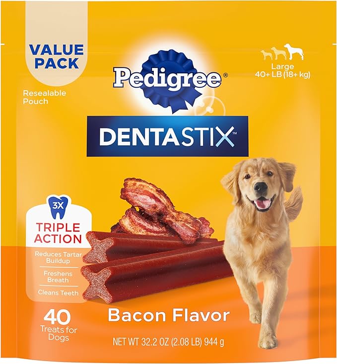 Pedigree DENTASTIX Adult Large Dog Dental Care Treats, Bacon Flavor, 2.08 lb. Pack (40 Treats) - PAWPICO