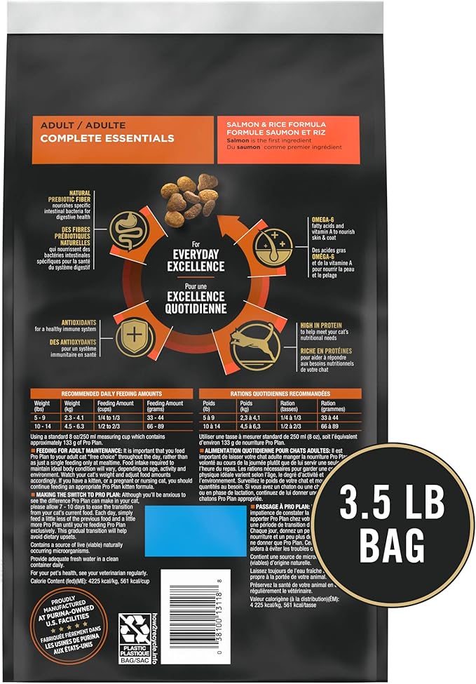 Purina Pro Plan High Protein Cat Food With Probiotics for Cats, Salmon and Rice Formula - 3.5 lb. Bag - PAWPICO