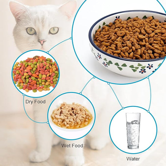 Ceramic Cat Bowls, Howise 5.3 in Cat Food Bowl, Cat Dishes for Food and Water, 3 Pack Shallow Pet Bowls for Indoor Cats, Floral Blue - PAWPICO