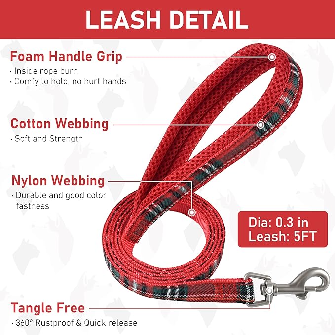 GAMUDA Small Dog Harness Collar and Leash Set, Step in No Chock No Pull Soft Mesh Adjustable Dog Vest Harnesses Plaid Reflective for Dogs Puppy Cats Kitten Rabbit (Red, M) GAMUDACollarsCollection