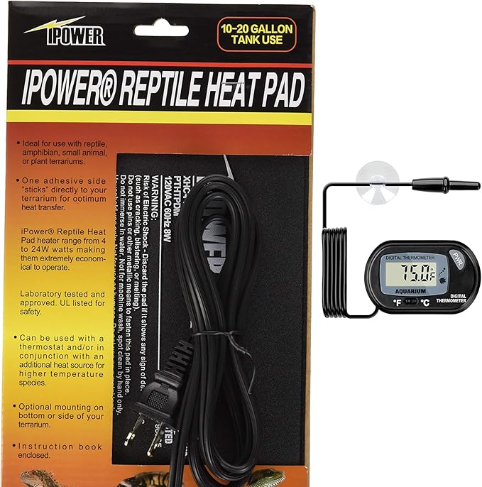 iPower 6 by 8-Inch 8W Reptile Heat Mat, LCD Digital Aquarium Thermometer, Under Tank Warmer Terrarium Heat Pad for Turtles Lizards Frogs and Other Small Animals iPower