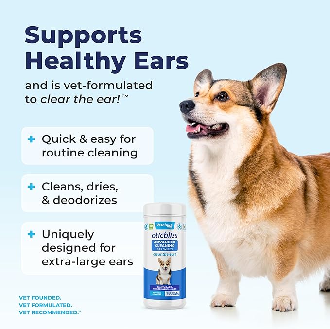 VETNIQUE Oticbliss Advanced Cleaning Ear Wipes for Dogs for Odor Control, Dirt and Wax Removal with Soothing Aloe Vera, Salicylic Acid & Vitamin E, (Ear Cleaning Wipes, Advanced Cleaning Large) VetniqueLabs