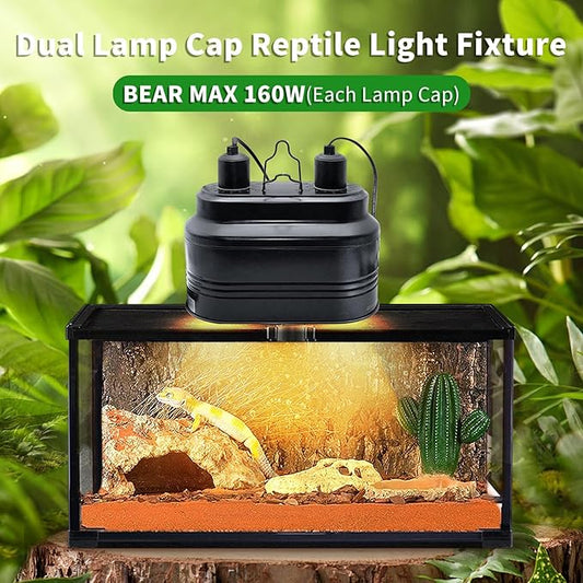 Dual Reptile Light Fixture, Max 160W Dual Reptile Heat Lamp Fixture, Double Dome Lamp Fixture UVB Light Fixture, Optical Reflector Lampshade with 2 Indenpent Switches PAWPICO