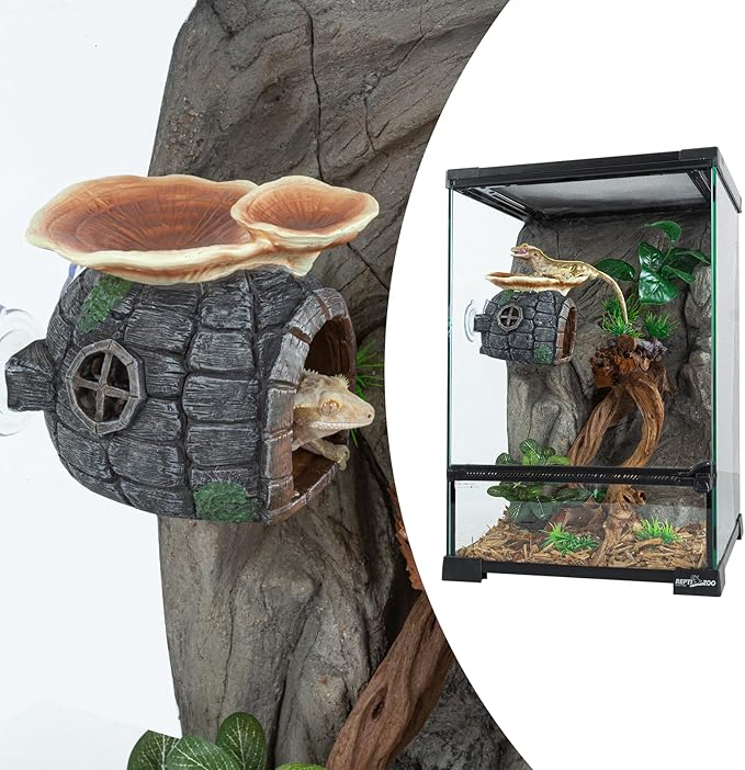 REPTI ZOO Reptile Hide, Multifunctional Reptile Hides with Suction Cup, Resin Reptile Hides, and Caves for Reptiles, Gecko, Lizard (Ganoderma Lucidum Shape) REPTIZOO