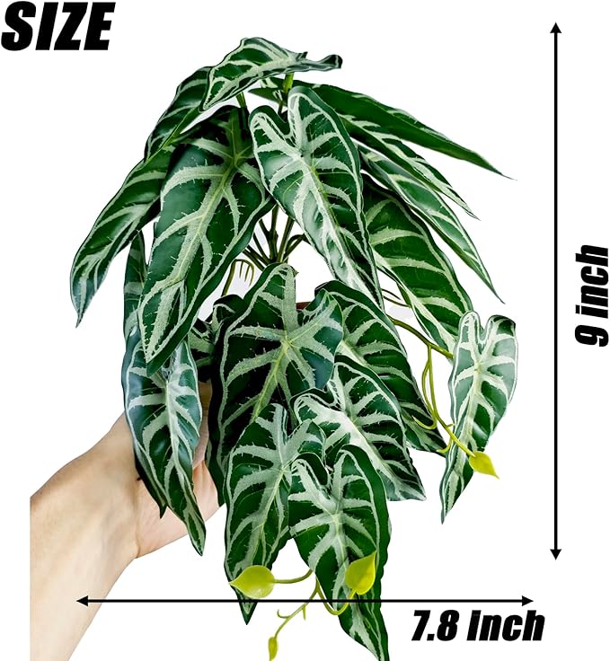 Woyrise 2 Pack Reptile Plants, Terrarium Hanging Plant Vines, Artificial Leaves with Suction Cup, Bearded Dragon Tank Accessories for Gecko Lizard Snake Frog Tortoise Decorations - Alocasia Velvet Woyrise