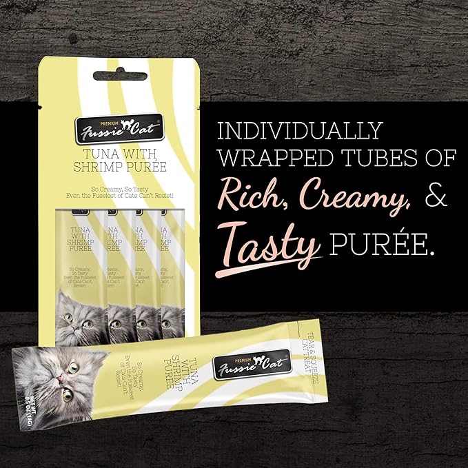 Fussie Cat Tuna with Shrimp Puree, lickable cat Treats, 0.5oz Pouch Pack of 4 - PAWPICO
