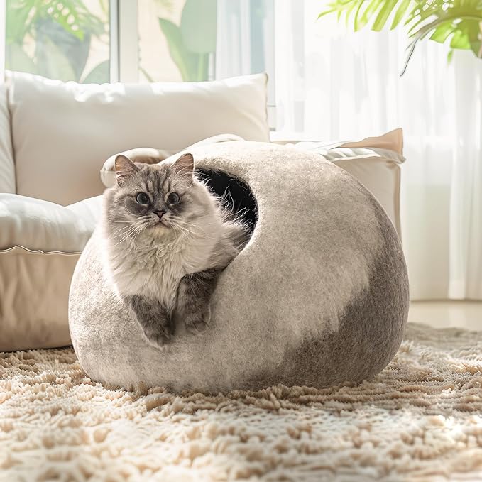 Cat Cave Bed -Handmade Wool Cat Bed Cave, Cat Bed Cat House, Felt Cat Caves for Indoor Cats and Kittens - PAWPICO
