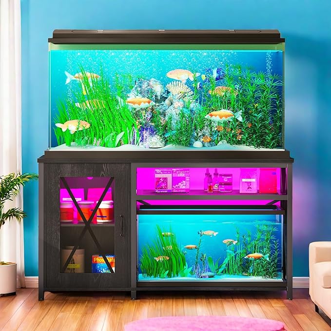 YITAHOME Fish Tank Stand with Power Outlets & LED Light, 55-75 Gallon Metal Aquarium Stand with Cabinet for Fish Tank Accessories Storage for Turtle Tank, Reptile Terrarium, 860LBS Capacity, Black YITAHOME