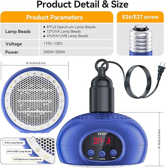 Chicken Coop Heater Lamps,200W-350W-500W Reptile Heating Lamp with UVA UVB Ligh 3-6-9-12H Timer,Protable Greenhouse Heater for Outdoor Chicken Coop Indoor Reptile Rabbits Dog Cats (Blue) TFNN