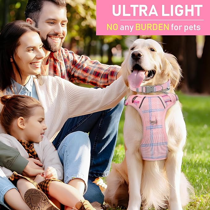 GAMUDA Dog Harness Collar and Leash Set, Dog Harness, No Chock No Pull Adjustable Vest Harnesses Plaid Reflective for Medium Dog, Cat, Small Horse, Small Bull and Pig (Pink, S) GAMUDACollarsCollection