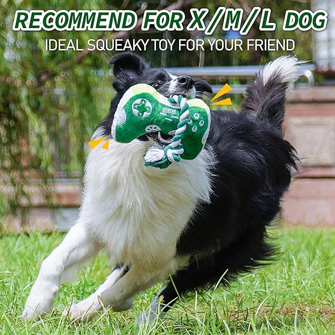 MTERSN Squeaky Dog Toys : Interactive Dog Plush Toy with Full Crinkle Paper and Cute Puppy Chew Toys with Rope - Funny Gaming Controller Shape Dog Birthday Gift (Green) - PAWPICO
