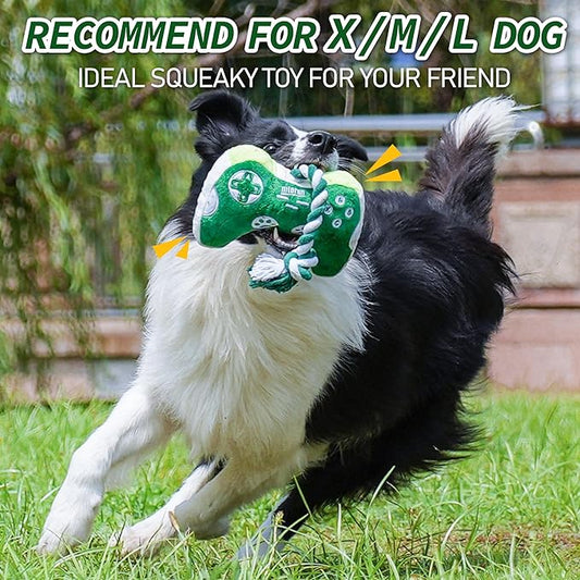 MTERSN Squeaky Dog Toys : Interactive Dog Plush Toy with Full Crinkle Paper and Cute Puppy Chew Toys with Rope - Funny Gaming Controller Shape Dog Birthday Gift (Green) - PAWPICO