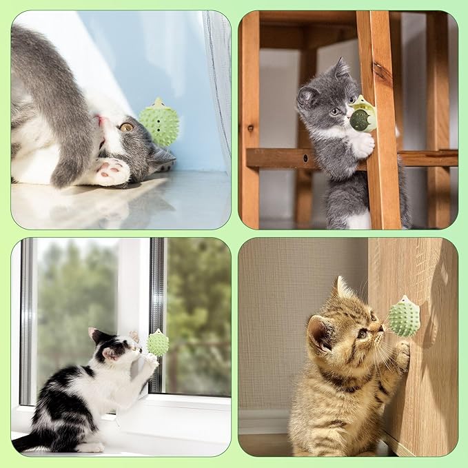 SEVENKA 2 PCS Catnip Toys Self-Grooming Cat Brush with Catnip Ball & Gall Fruit, Kitty Kitten Scratcher Self Groomer Cat Toys for Indoor Cats Lick, Chew Toys Corner Brushes Edible Wall Treats - PAWPICO